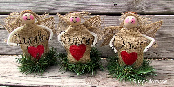 burlap angel place holders table setting